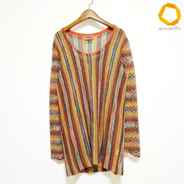 #anc ミッソーニ MISSONI ニット・セーター M 黄色 茶色 オレンジ マルチ イタリア製 サマーニット ロング レディース [839299]