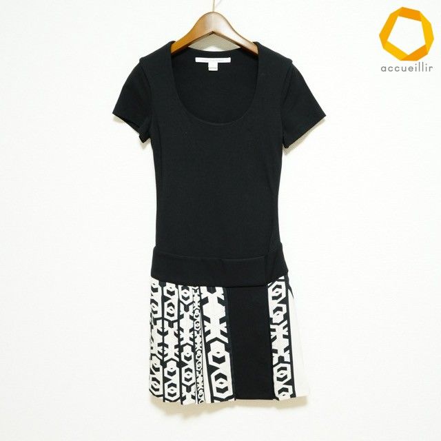 #snc ダイアンフォンファステンバーグ DVF ワンピース 0 白 黒 半袖 シルク混 レディース [1002869]