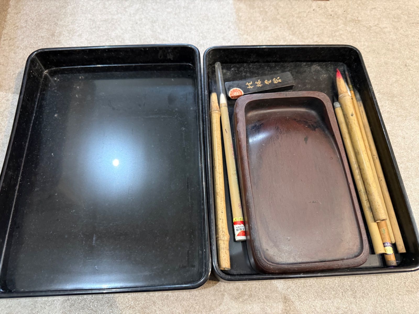 輪島塗 蒔絵 硯箱 文箱 書道具一式 落款印あり （筆・墨・硯）