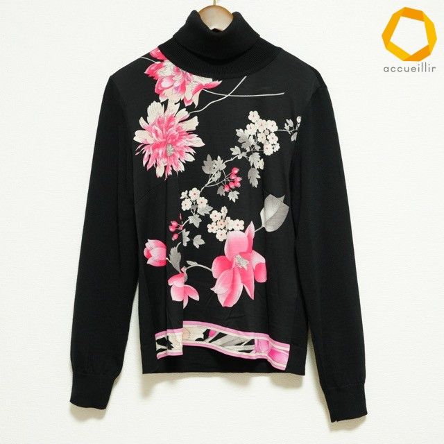 #wnc レオナール LEONARD セーター 38 黒 ピンク シルク混 ニット 花柄 ハイネック レディース [893342]