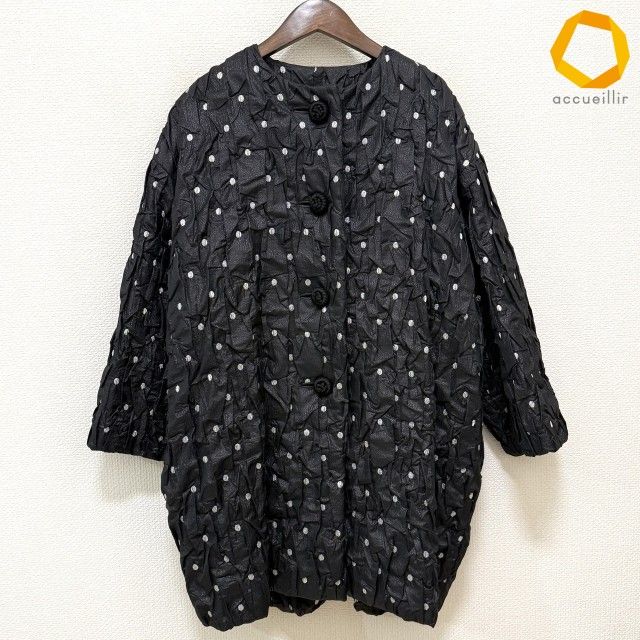 #wnc クリスチャンディオール プレタポルテ ChristianDior コート 9 黒 シルバー ドット 中綿 ヴィンテージ レディース [1003588]