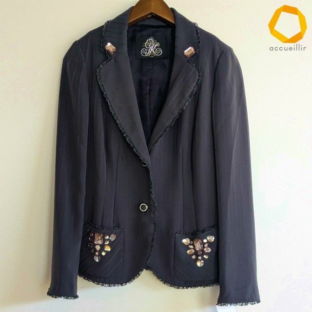 #anc イタリヤ 伊太利屋 ジャケット 9 茶 ストライプ ビジュー フリル レディース [1005582] 9,120円