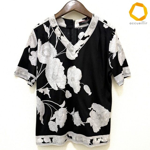 #sxc レオナール LEONARD カットソー M 黒 グレー系 半袖 柄 Vネック レディース [1006458]
