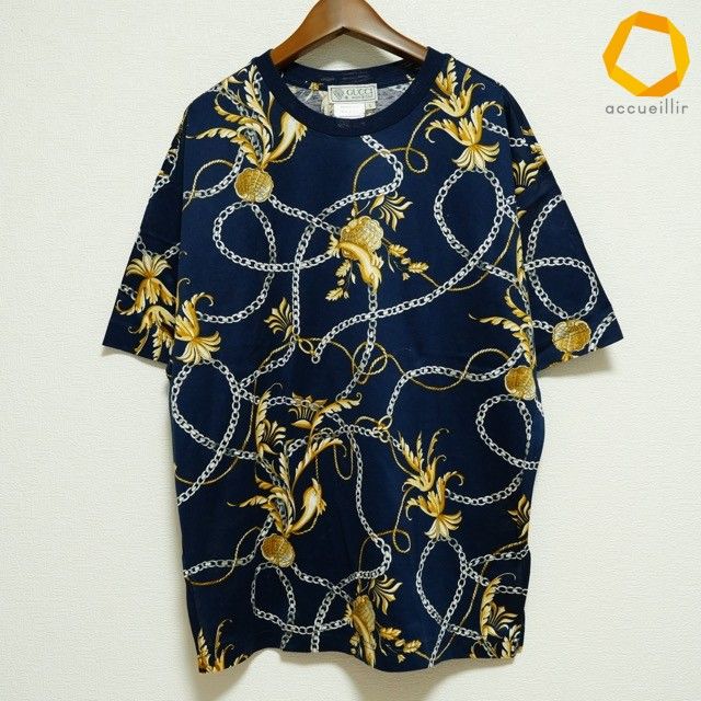 #snc グッチ GUCCI カットソー L 黒 半袖 大きいサイズ チェーン柄 イタリア製 レディース [980118]