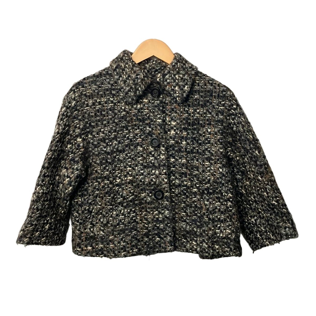 Max Mara STUDIO(マックスマーラスタジオ) コート サイズ38 M レディース - 黒×ダークブラウン×マルチ 長袖/ニット/ショート丈/冬
