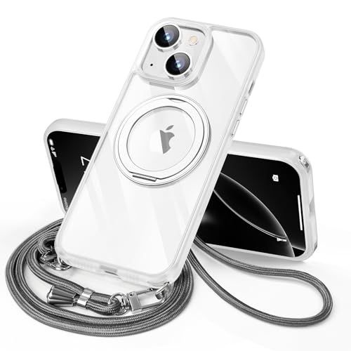iPhone 14 / 13 用 ケース ダブルリング付き ショルダー ストラップ付き 多機能360度回転スタンド MagSafe対応 ワイヤレス充電対応 耐衝撃 薄型 透明 PC + 軽量 シリコン TPUバンパー おしゃれ アイフォン 1 d16d80c2