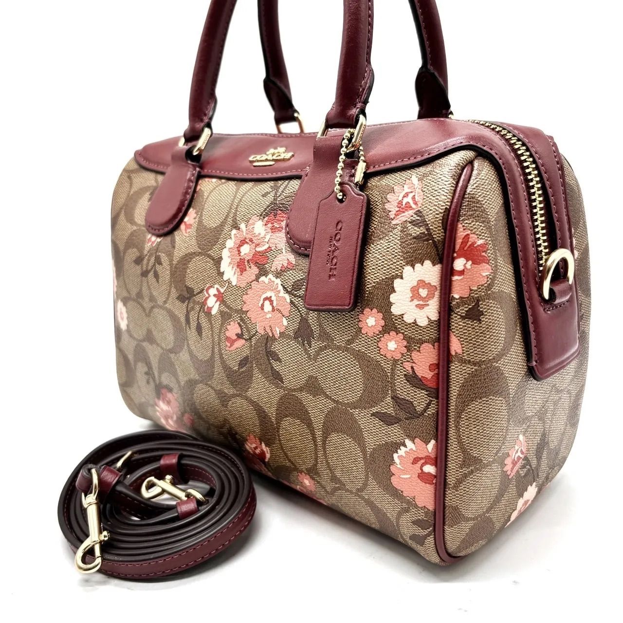 【良品】coach flower 2way shoulderbag signature pvc ladies beige×brown コーチ 2way ショルダーバッグ