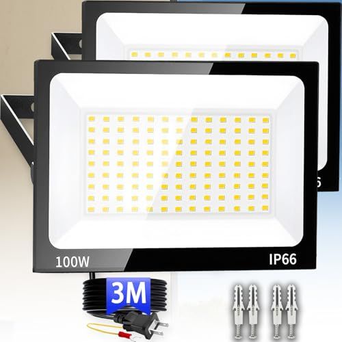 投光器 led投光器 屋外 100W 2個セット 3Mコード 6500K 昼光色 作業灯 コンセント式 15000LM 高輝度 IP66防水 豪雨対応 長寿命 省エネ 120°広角 屋外照明 掲示板 駐車場 運動場 倉庫照明 天井照明 屋内屋 5423eea1