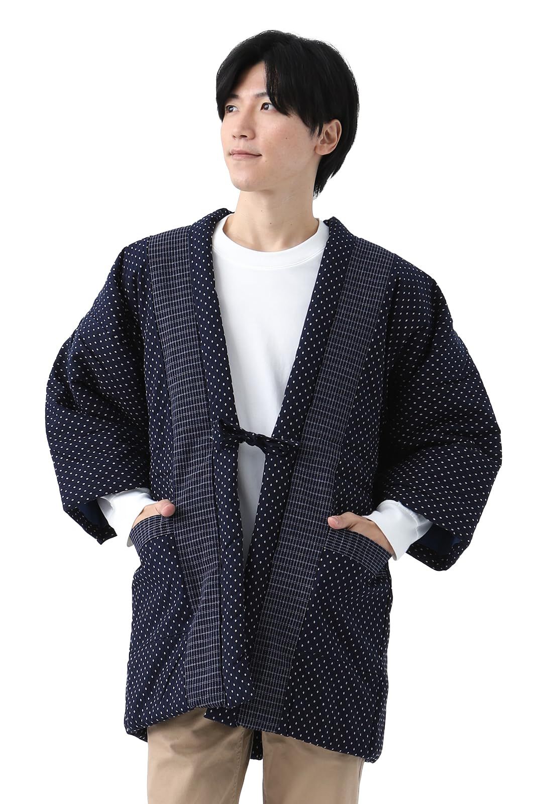 新品 [たゆたふ] はんてん 久留米織 はんてん 半纏 メンズ 日本製 紬織 中綿 袢纏 どてら ちゃんちゃんこ 男性用 フリーサイズ (標準 刺し子 紺×白)
