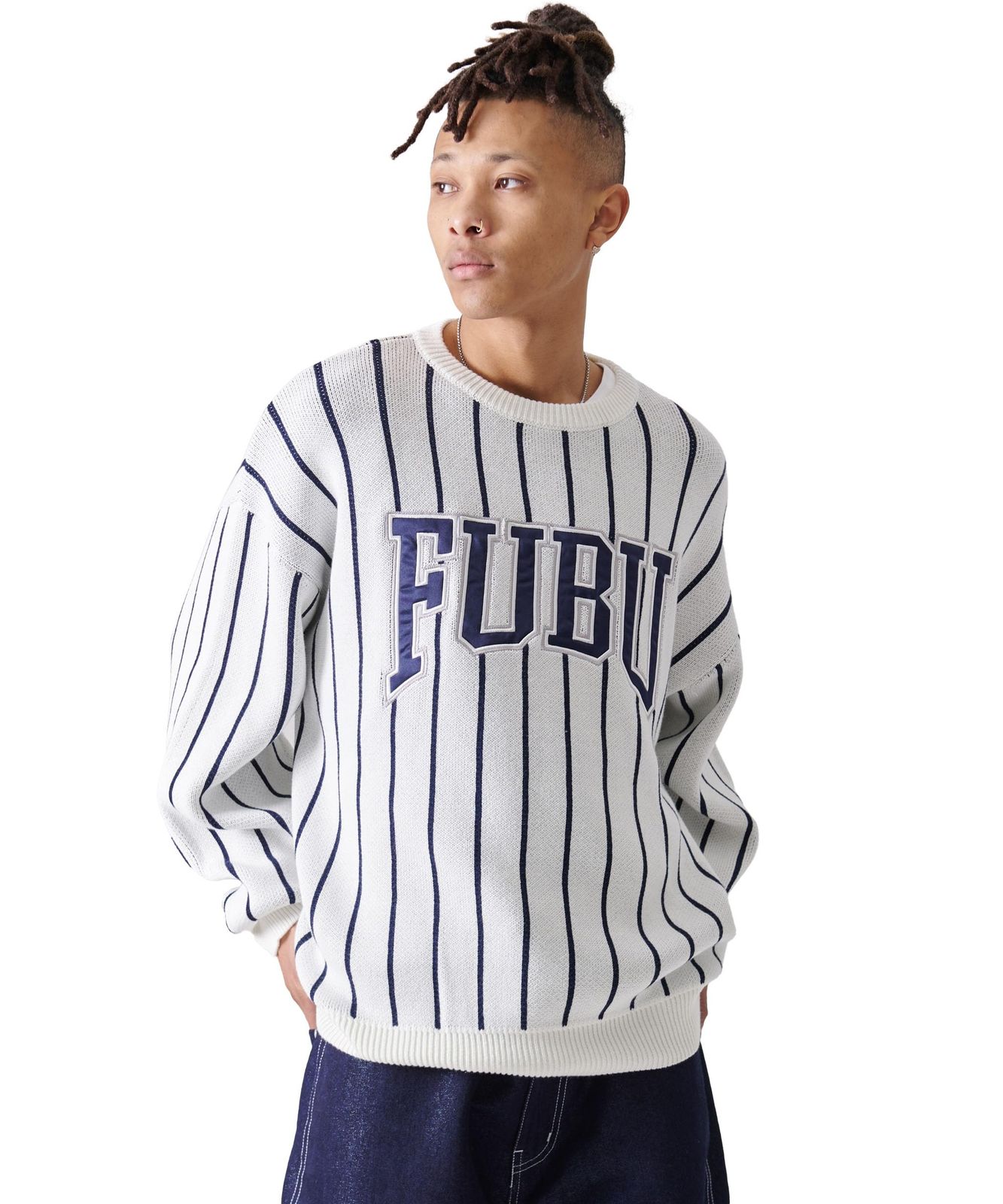 新品 FUBU フブ ブランド ロゴ 刺繍 ワッペン ストライプ クルーネック ニット プルオーバー セーター fam-51701