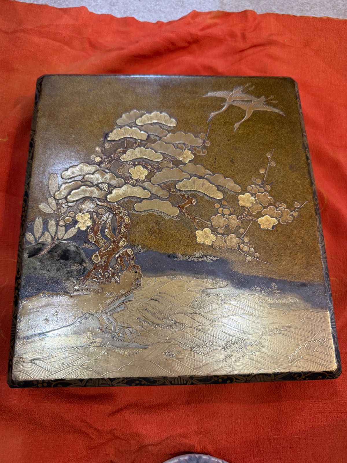 時代漆芸 蒔絵 硯箱・文箱 硯箱揃い 松竹梅鶴図 月夜山水図 梨地 螺鈿入 文房具箱 書道具入 日本伝統工芸