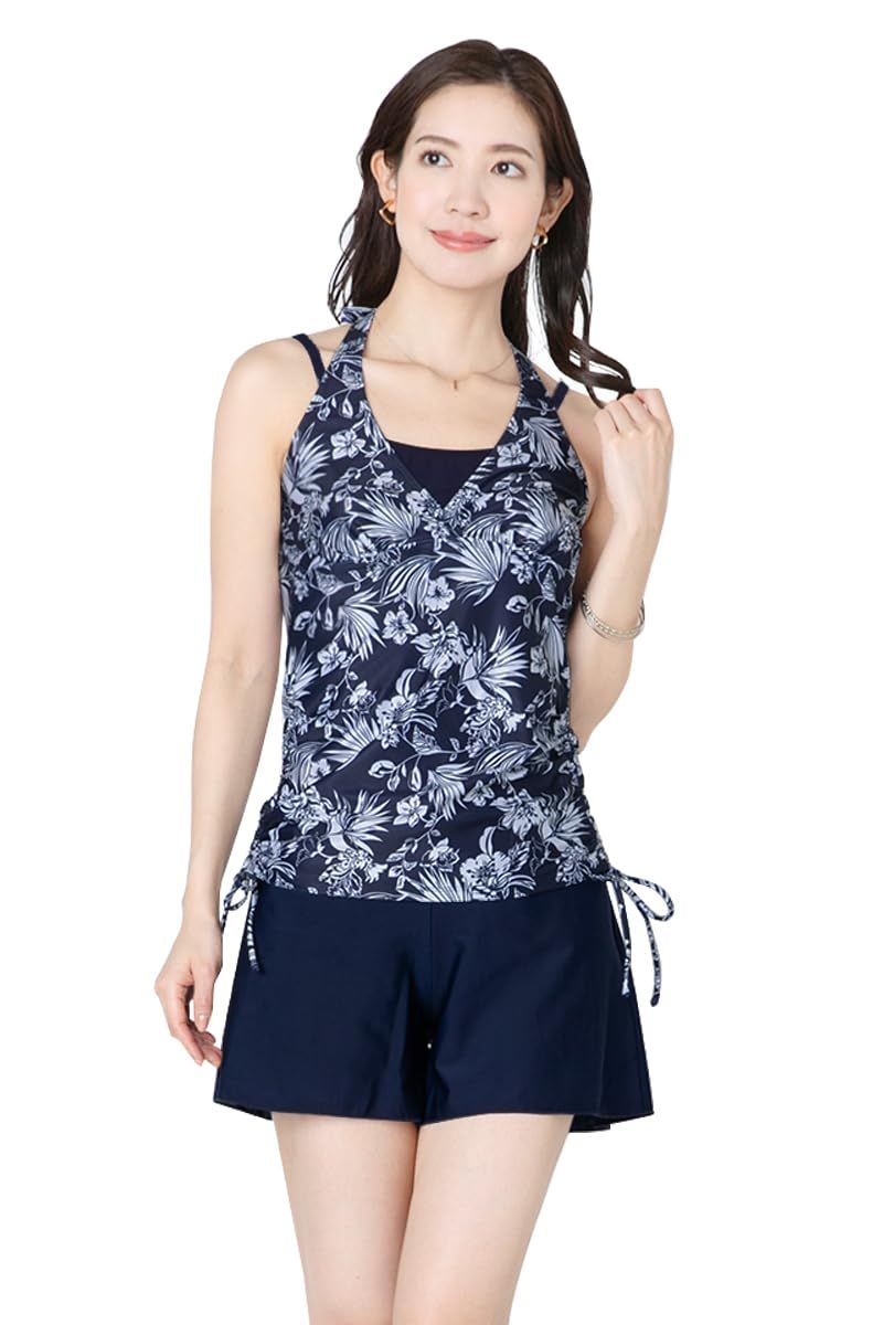 新品 [アラポラッカ] 水着 レディース 体型カバー タンキニ 大きいサイズ キュロット パンツ 3点セット : ネイビー S