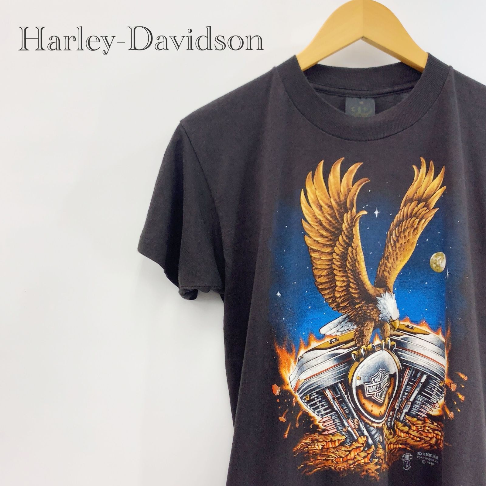 80s USA製 Harley-Davidson 3D EMBLEM EAGLE Tシャツ M ブラック ヴィンテージ メンズ ファッション _201023