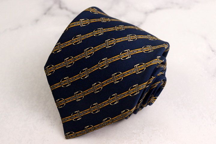 エルメス ブランド ネクタイ ストライプ柄 馬具 ベルト柄 シルク フランス製 PO メンズ ネイビー HERMES 【中古】