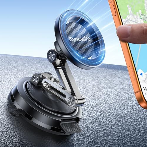 SYNCWIRE MagSafe 車載ホルダー（3軸調整）真空吸盤式 マグネット スマホホルダー（ダッシュボード/フロントガラス）交換用吸盤付き 360度回転 折りたたみ iPhone 17～12 Pro Max Plus 対応 カーボン調( cad01f16
