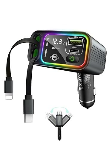 107W 車 充電器 4-in-1 シガーソケット 【巻き取り式・USB-C＆Lightning 】4台同時に急速充電 カーチャージャー レインボー LEDライト搭載 iPhone 17 Pro/iPhone 17/16 Pro/iPhone 0cacf2a6