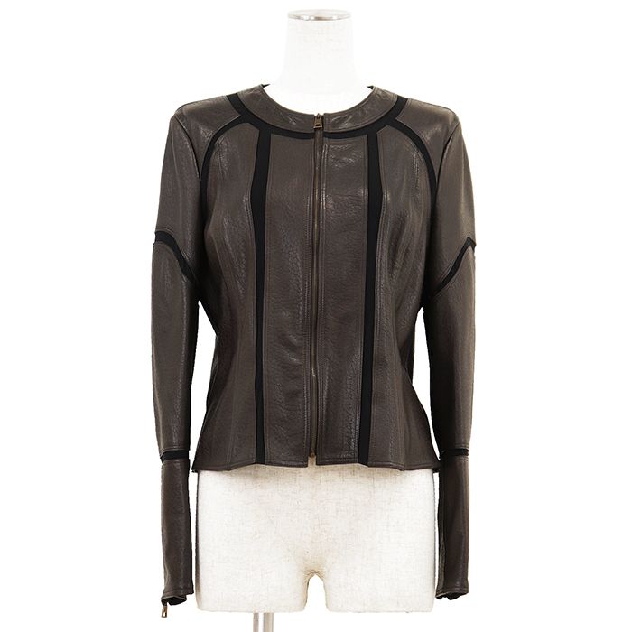 SALE【極美品】Salvatore Ferragamo サルヴァトーレフェラガモ ライダースジャケット サイズ 44 レディース レザー ノーカラー アウター ブラウン ブラック 黒 茶色 イタリア製