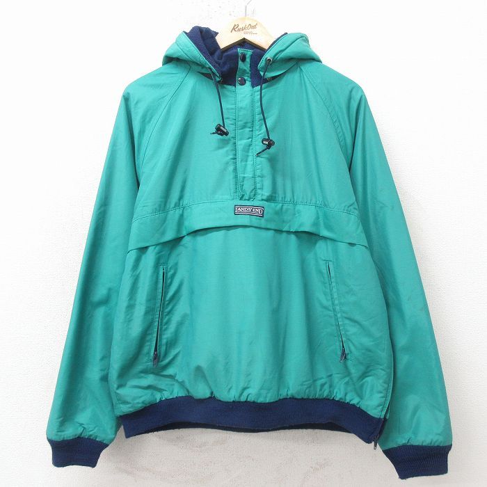 XL/古着 ランズエンド 長袖 ハーフジップ アノラック ジャケット パーカー メンズ 90年代 90s ラグラン USA製 緑他 内側フリース 26apr23