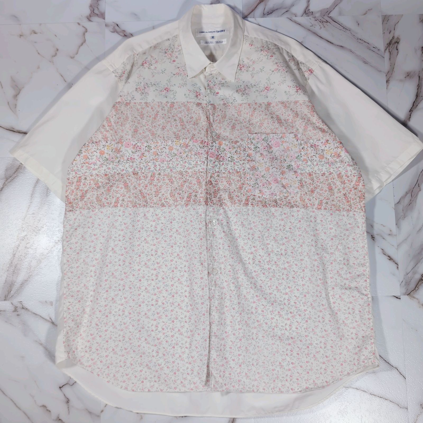 80s ~ 90s 初期 刺繍タグ フランス製 COMME des GARCONS SHIRT 花柄 パッチワーク S/S シャツ ビッグシルエット M オフホワイト