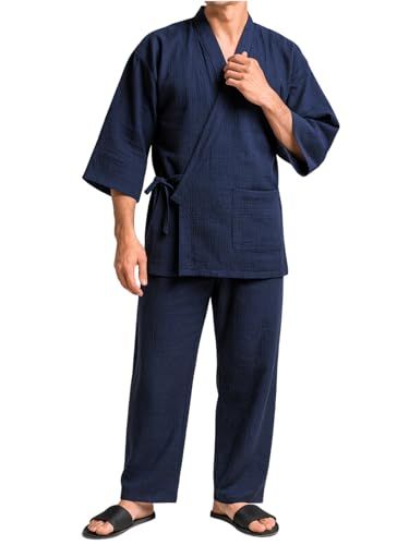 [ワン アンブ] 作務衣 メンズ 浴衣 甚平 綿100 寝間着 7分袖 父の日 ギフト送料無料 9273cff1