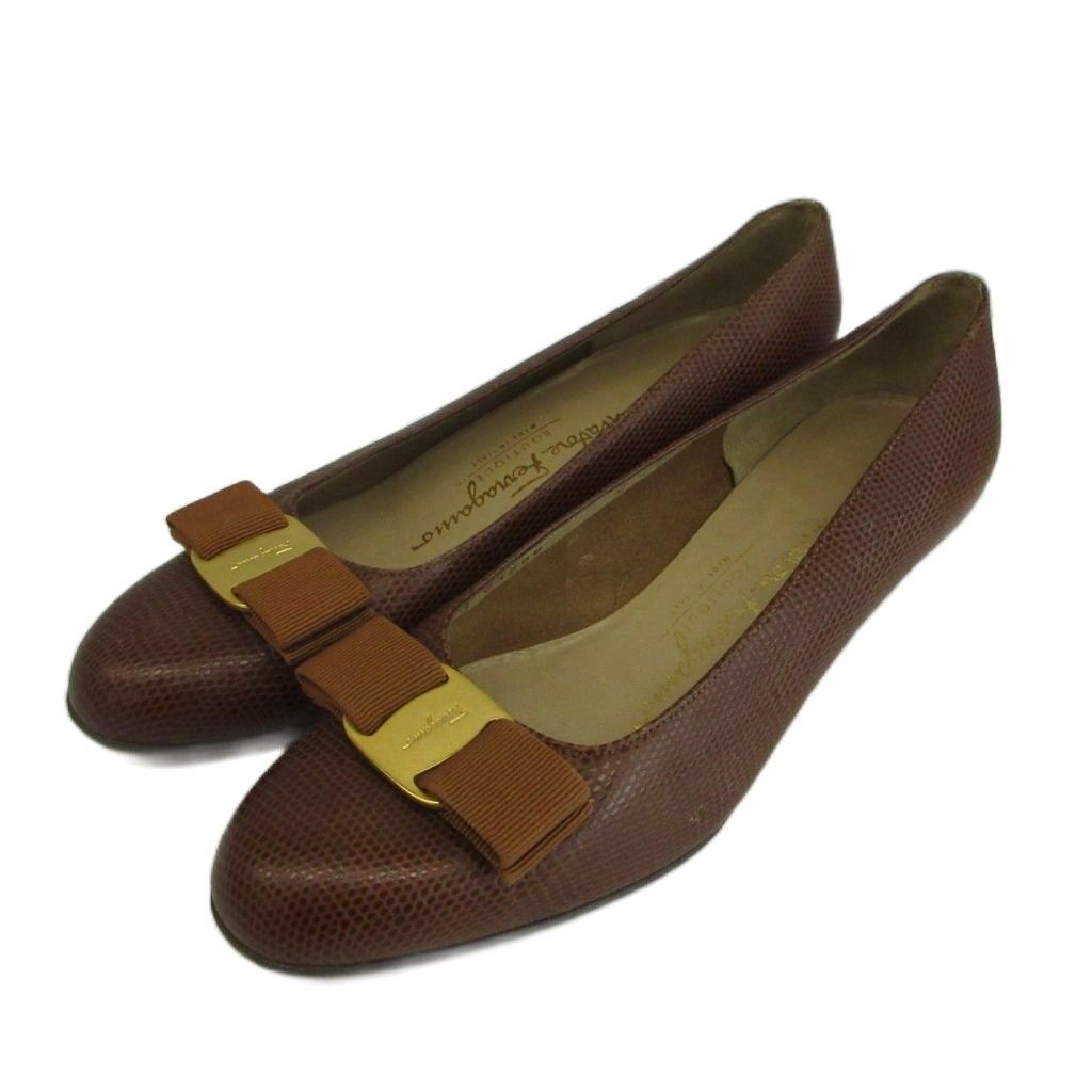 サルヴァトーレフェラガモ Salvatore Ferragamo ヴァラ VARA パンプス レザー リザード型押し ラウンドトゥ ローヒール リボン ロゴ 6 23.5cm 茶色 ブラウン /XZ ■GY11