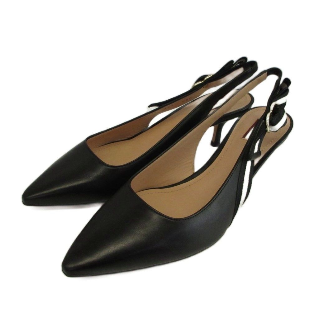 バリー BALLY パンプス レザー ポインテッドトゥ ミドルヒール スリングバック 37.5 24.5cm 黒 ブラック /XZ ■GY11