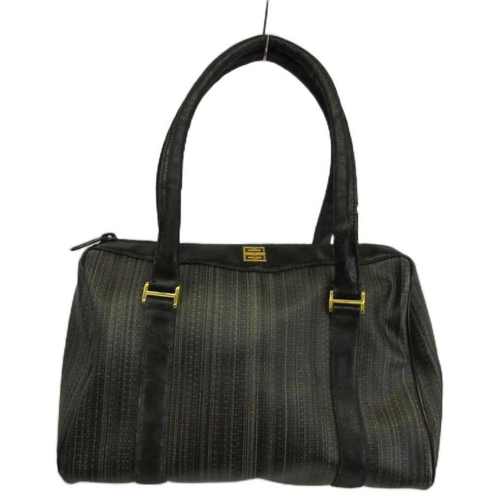 ジバンシィ GIVENCHY ミニボストンバッグ ハンドバッグ PVC レザー ストライプ 4Gロゴ ゴールド金具 ポーチ付き 黒 ブラック /XZ ■GY18
