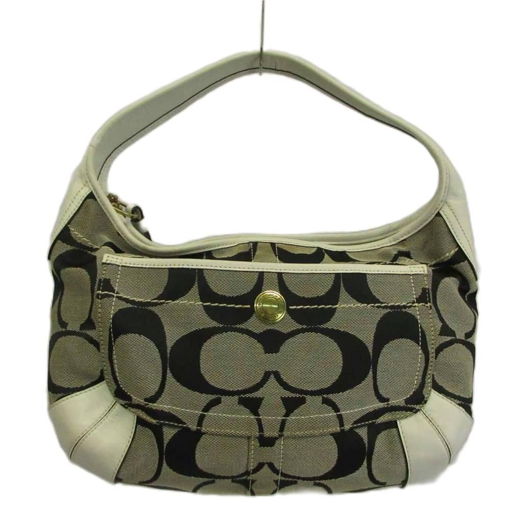 コーチ COACH ハンドバッグ 肩掛け キャンバス レザー ワンハンドル シグネチャー ロゴ 黒 ブラック 白 ホワイト 10764 /XZ ■GY18