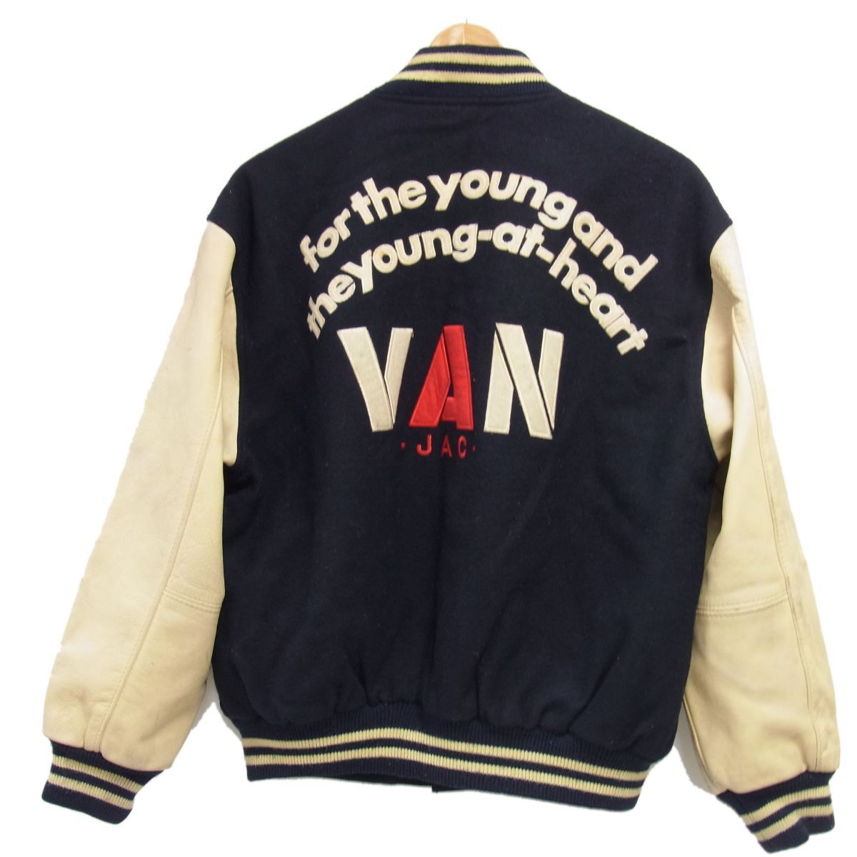 希少 80s☆VAN JAC 袖革スタジャン 牛革 メンズ アワードジャケット ワッペン付 JW-10502 ヴィンテージ アーチロゴ ウールメルトン 中綿入 希少 80s☆VAN JAC 袖革スタジャン 牛革 メンズ アワードジャケット