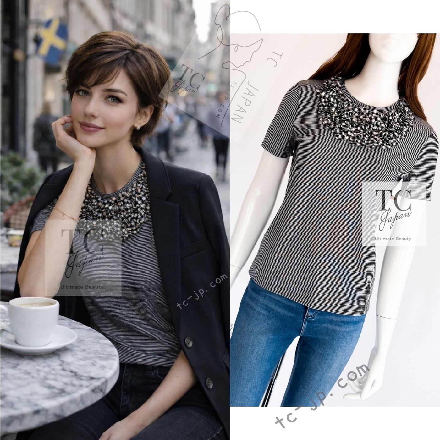 シャネル トップス カットソー Tシャツ CHANEL ブラック ホワイト ニット ストライプ 半袖 カール・ラガーフェルド 超美品 34