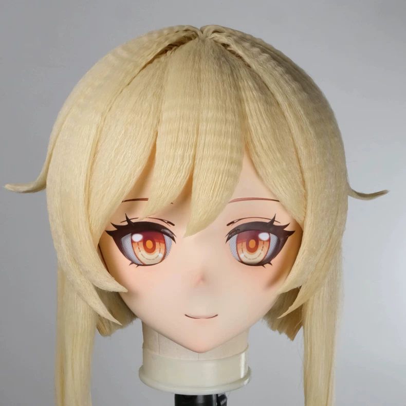 キグルミマスク 蛍 ホタル 風 原神 風 KigLand ブロンドツインテール 琥珀アイ アニメ顔 美少女 ウィッグ・アイ付フルセット 標準サイズ ハンドメイド 美品 kigurumi