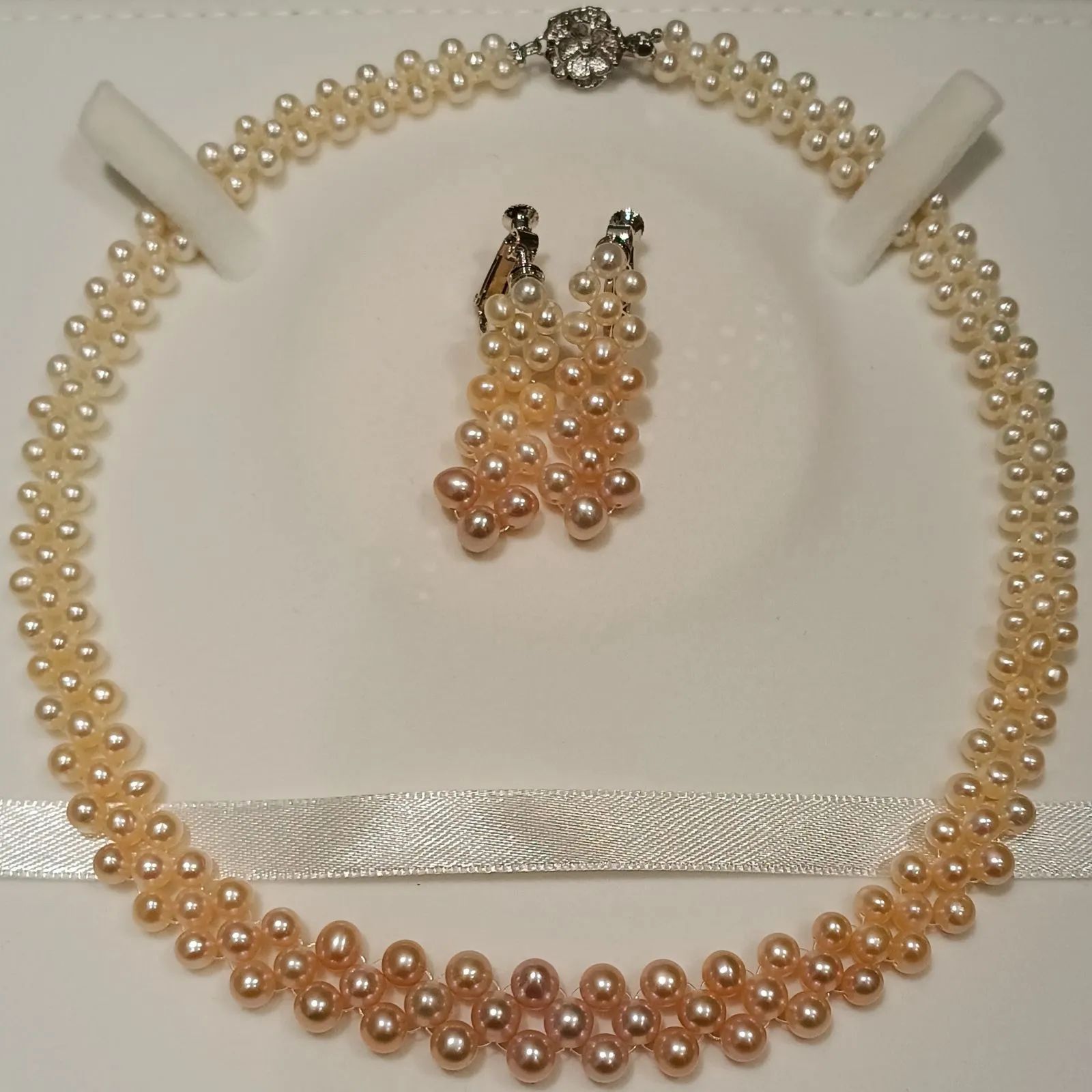☆【美品】​本真珠 淡水パール グラデーション ネックレス イヤリング セット SILVER