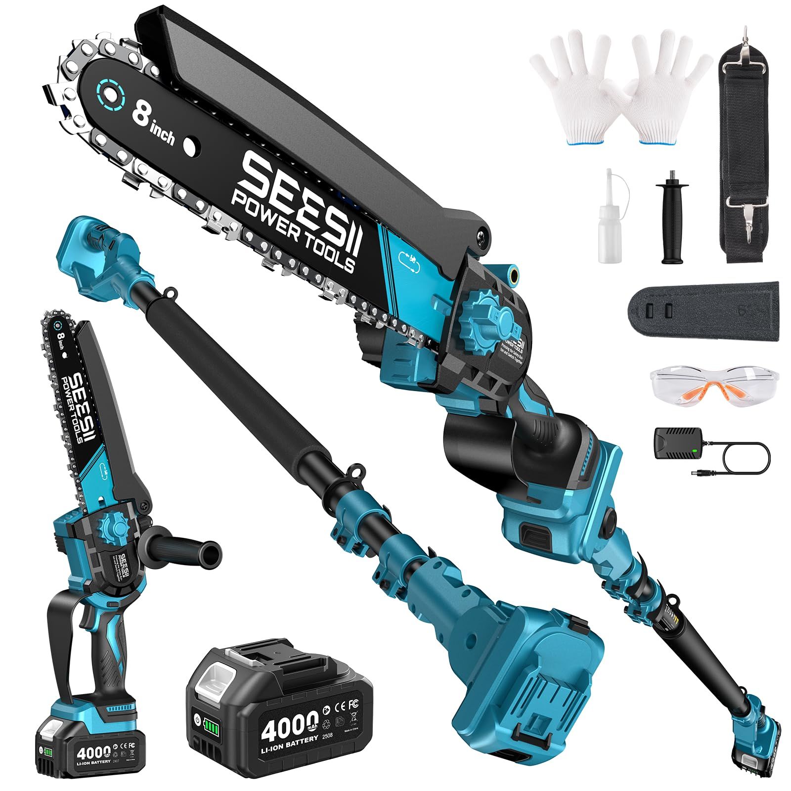 ☆新品☆SEESII たかえだ 電動チェーンソー 8インチ 高枝切り 充電式 ハンディチェーンソー コードレス 1台2役 ブラシレスモーター 自動給油 工具不要 延長ポール（125cm～250cm 無段階調節可能） 強力パワー 伐採・木工・園 d01319ac