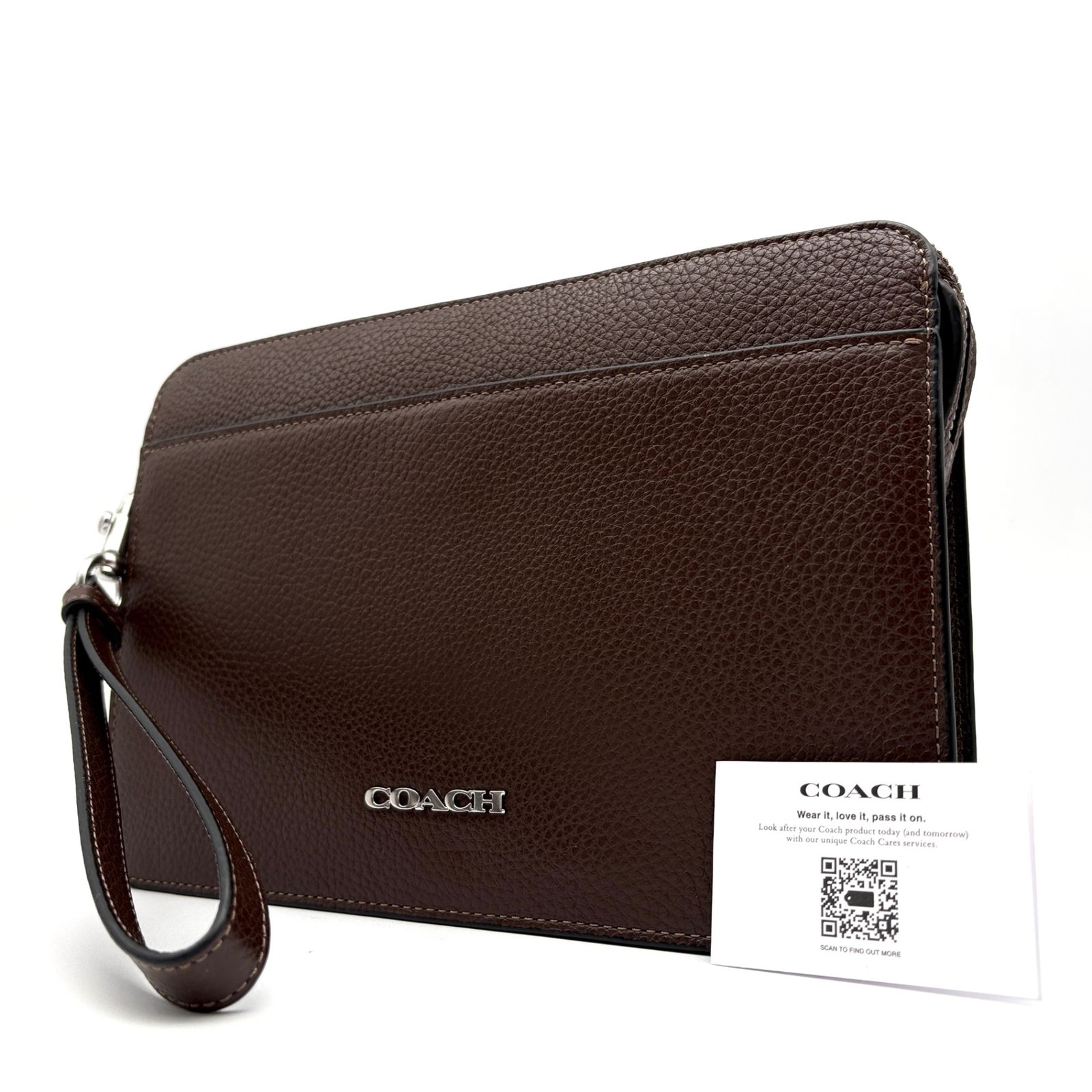 未使用に近い COACH コーチ ペブルレザー クラッチバッグ セカンドバッグ マルチポーチ ブラウン 本革 CW169 ストラップ ファスナー 収納 トレンド こなれ感 ボーナス 父の日 ギフト 夏休み 旅行 普段使い メンズ 未使用に近い COACH コーチ ペブルレザー クラッチバッグ
