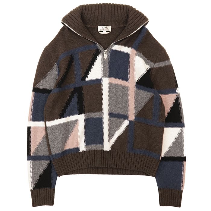 【未使用】HERMES エルメス カシミヤニット サイズ M メンズ Geometrie Variable ジオメトリー バリアブル 2025AW ハーフジップ リラックスフィット トップス ブラウン 茶色 イタリア製