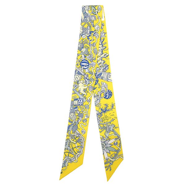 エルメス Herms スカーフ ツイリー シルク イエロー×グレー 【LA FOLLE