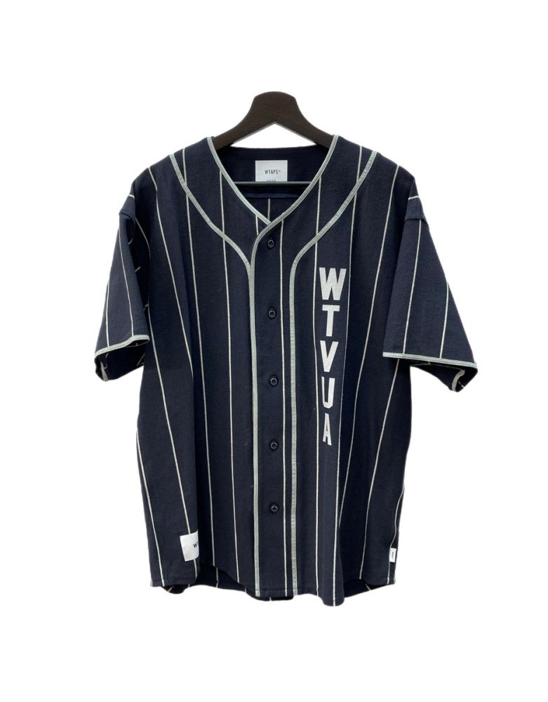ダブルタップス WTAPS 25SS League / SS / Cotton リーグ / コットン ボタンアップ ストライプ ベースボール シャツ 半袖 紺 251ATDT-CSM26 サイズ02 半袖シャツ ロゴ ネイビー 104MT-3152