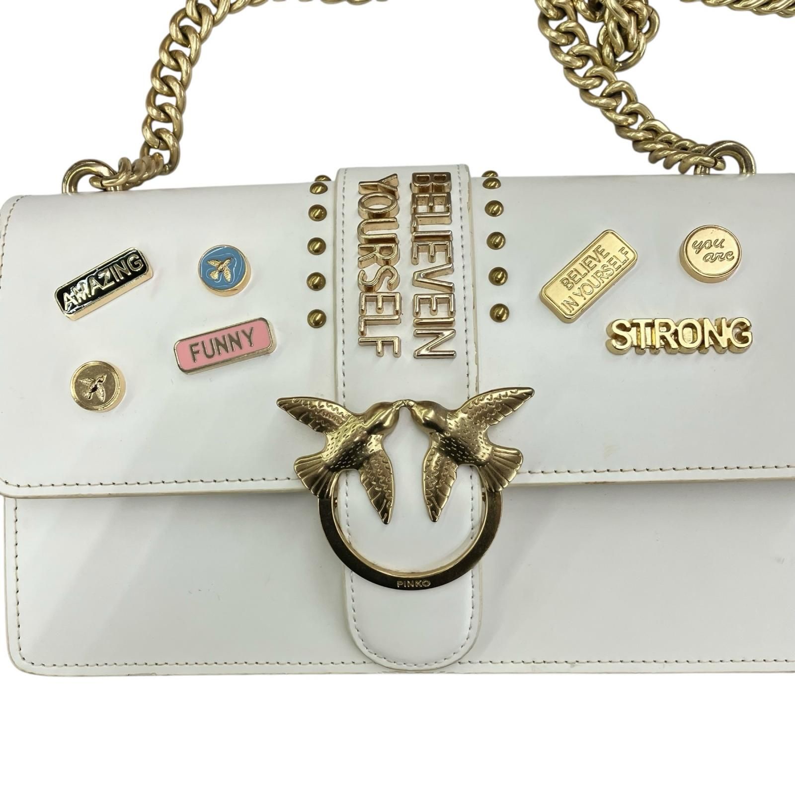 186001 PINKO ピンコ クラッチバッグ 白 ステッカー ゴールドチェーン レディース