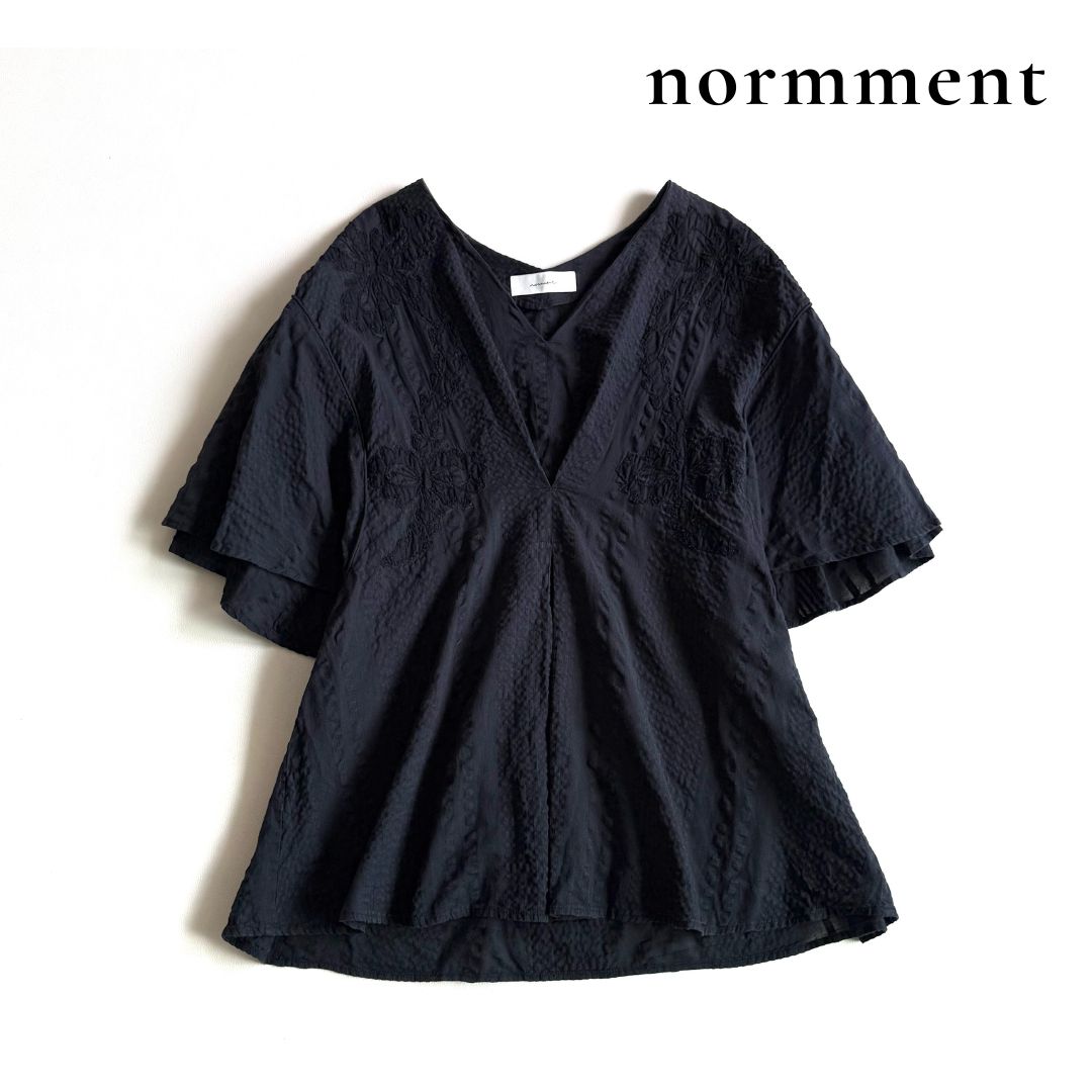 normment エンブロイダリー ブラウス 刺繍 Vネック フレアスリーブ コットン ブラック系 ノーメント インド製