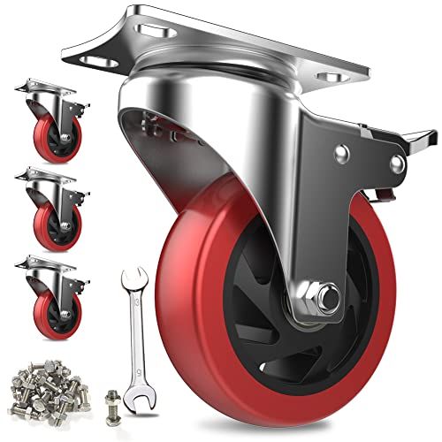 COOWOO 4インチ キャスター 4個セット 車輪 ブレーキ付き 高耐久性 単個耐荷重175kg 360度回転 静音 ミュートシリーズDIY家具交換キット ホイール径100mm 赤as 12c448ce