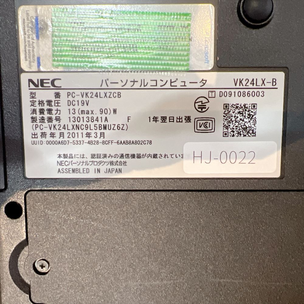 ジャンクPC】 NEC Versapro VK24LX-B ノートPC メモリ4GB HDDなし HJ