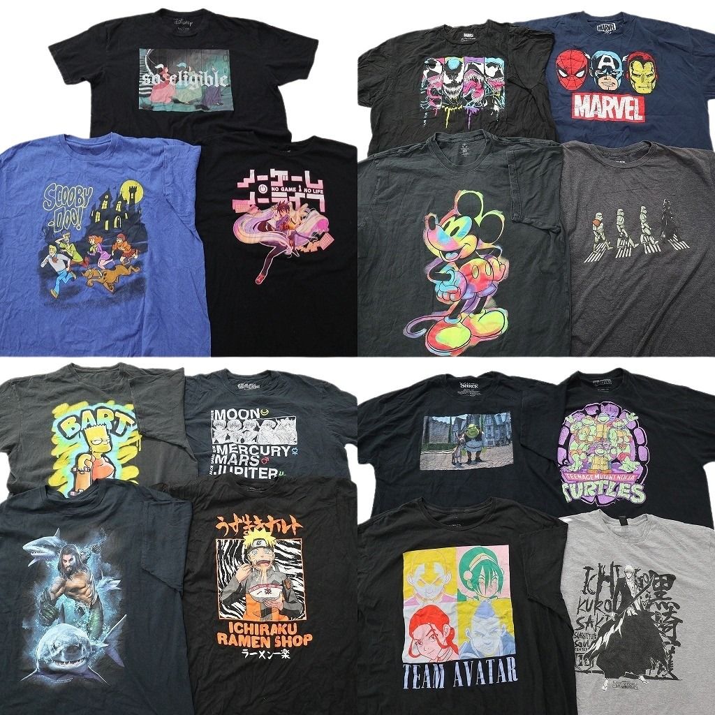 古着卸 まとめ売り キャラクター Tシャツ 15枚セット ( メンズ 2XL ) ブリーチ ナルト シンプソンズ マーベル タートルズ 中古 古着 NE8583