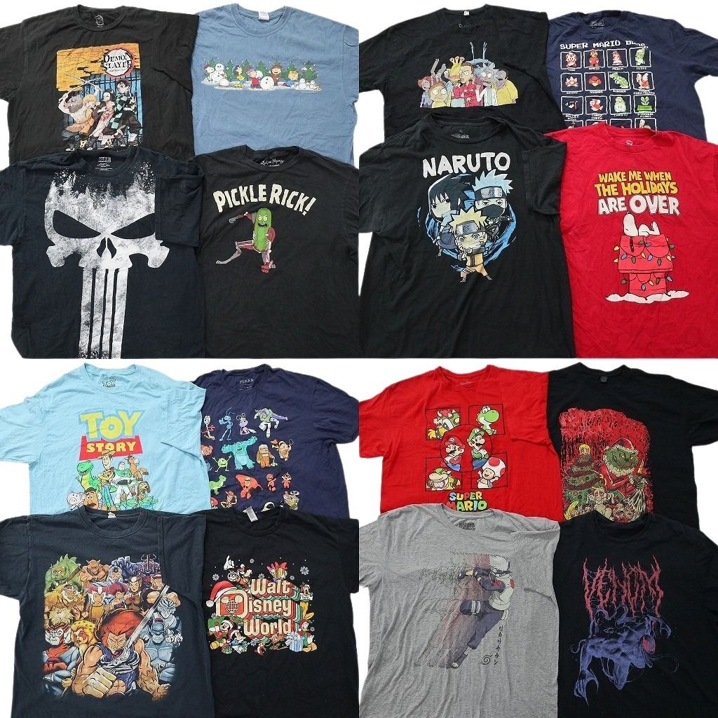 古着卸 まとめ売り キャラクター Tシャツ 16枚セット ( メンズ XL ) 鬼滅の刃 ナルト ディズニー スヌーピー マリオ 中古 古着 NE8584