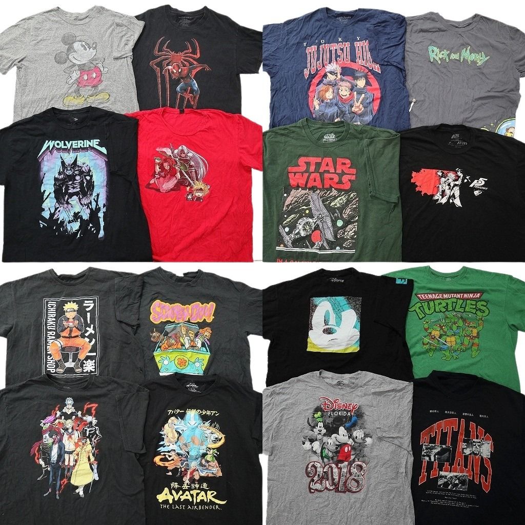 古着卸 まとめ売り キャラクター Tシャツ 16枚セット ( メンズ XL ) アメコミ ディズニー 進撃の巨人 ナルト 呪術廻戦 中古 古着 NE8586
