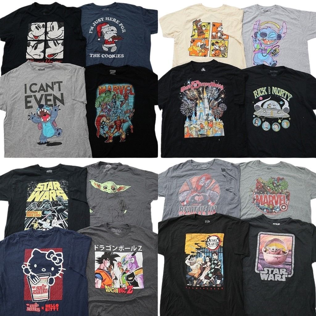 古着卸 まとめ売り キャラクター Tシャツ 16枚セット ( メンズ XL ) マーベル 鬼滅の刃 ドラゴンボール サンリオ 中古 古着 NE8587