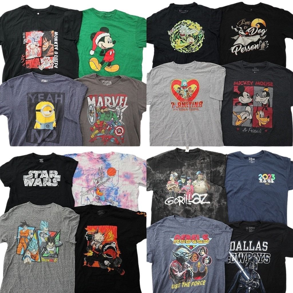古着卸 まとめ売り キャラクター Tシャツ 16枚セット ( メンズ L ) ワンピース マーベル ドラゴンボール スターウォーズ 中古 古着 NE8591