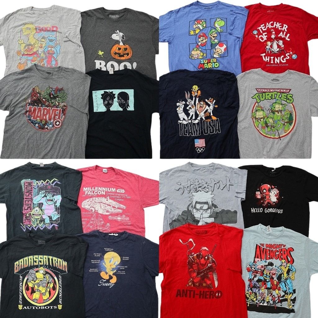古着卸 まとめ売り キャラクター Tシャツ 16枚セット ( メンズ L ) ナルト セサミストリート タートルズ アメコミ 中古 古着 NE8592