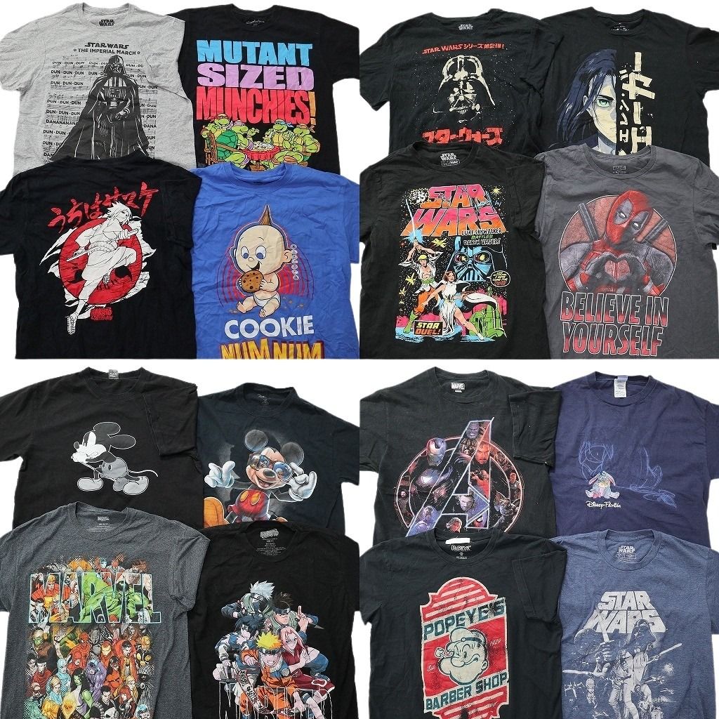 古着卸 まとめ売り キャラクター Tシャツ 16枚セット ( メンズ M ) ナルト アベンジャーズ ディズニー 進撃の巨人 中古 古着 NE8596