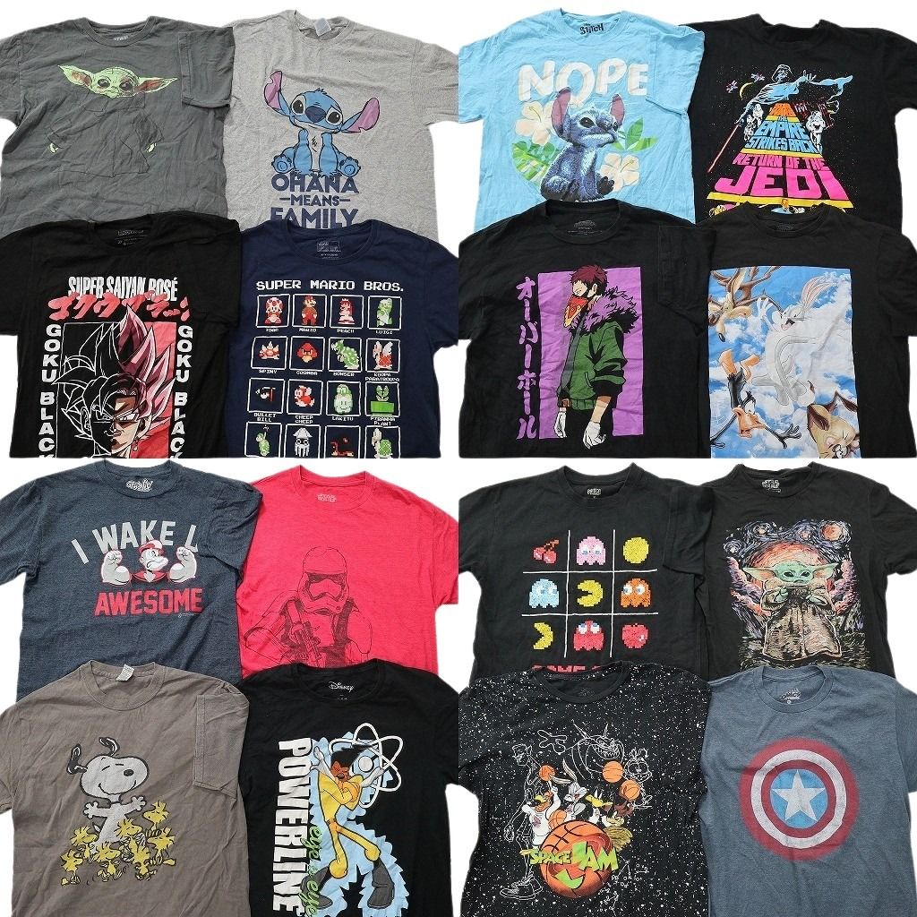 古着卸 まとめ売り キャラクター Tシャツ 16枚セット ( メンズ M ) ドラゴンボール ディズニー スヌーピー ポパイ 中古 古着 NE8598