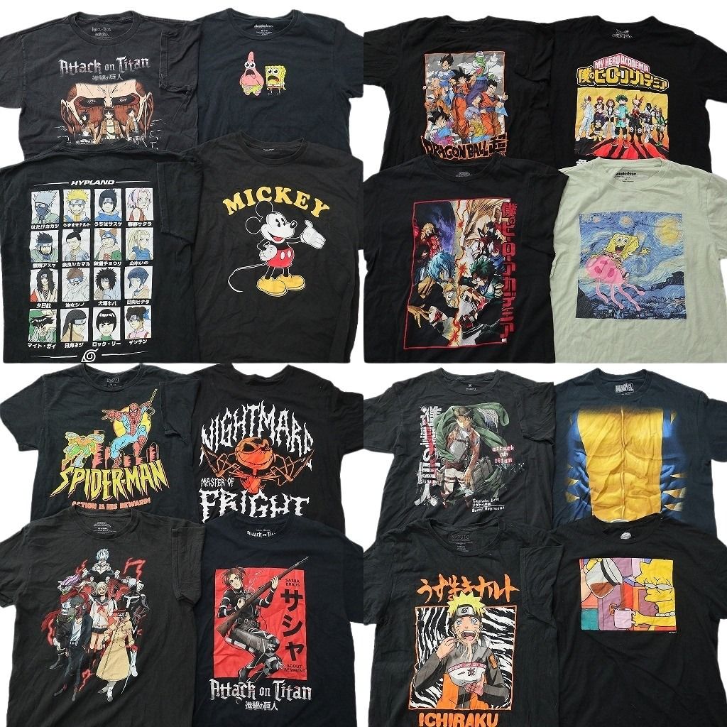 古着卸 まとめ売り キャラクター Tシャツ 16枚セット ( メンズ M ) ディズニー ナルト 進撃の巨人 マーベル 中古 古着 NE8599